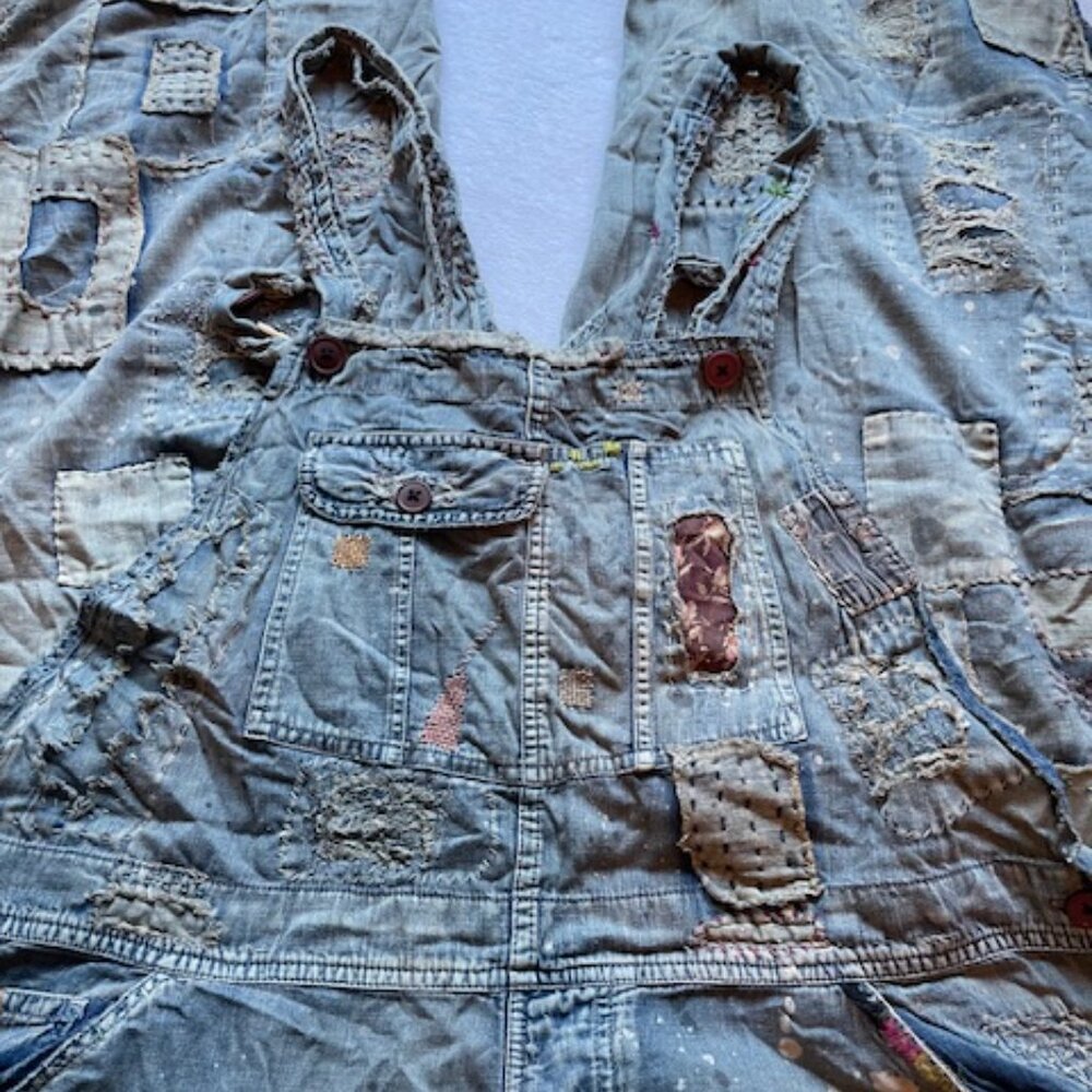 Magnolia Pearl Light Blue Patchwork Embroidered Denim Overalls Benjamins - Picture 4 of 16